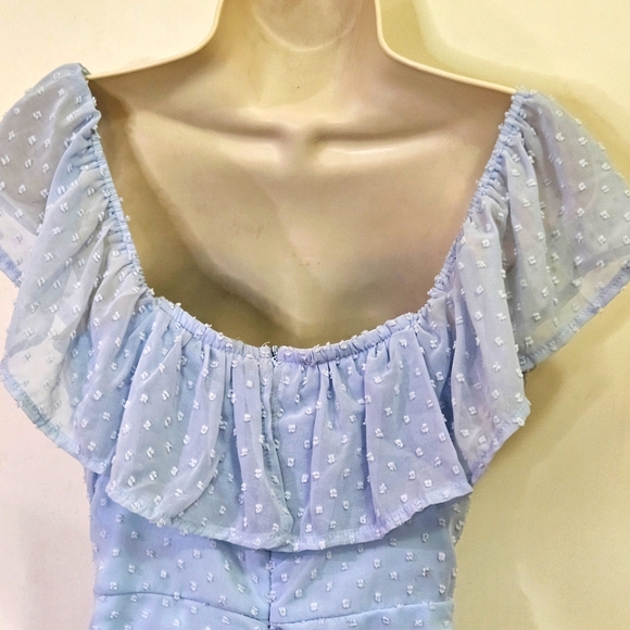 Eilly Bazar Light Blue Raised Dot On/Off Shoulder Ruffle Ruched Dress,Large - Picture 7 of 16